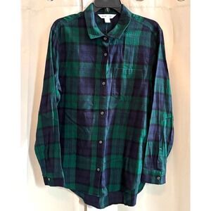 Old Navy Western Flannel Top Large Plaid Green Button Up Light Weight 18800x
